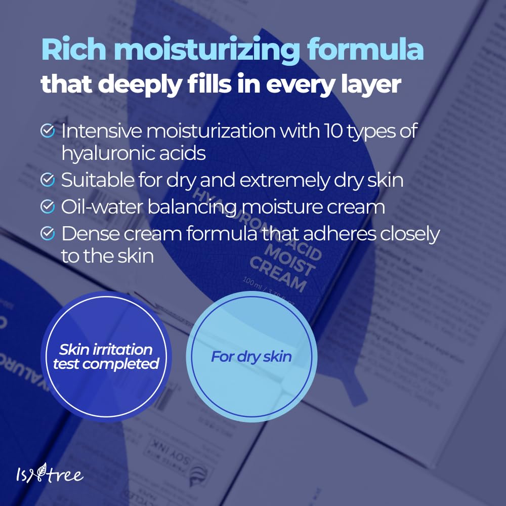 ISNTREE Hyaluronic Acid Moist Cream packaging shows fragrance-free formula.