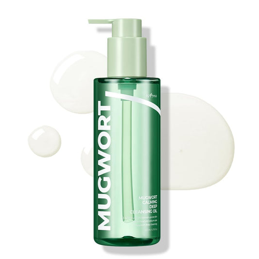 IsNtree Mugwort Calming Deep Cleansing Oil bottle pour demonstrates soothing cleansing action