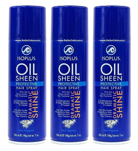 Isoplus Oil Sheen Hairspray bottle showing shine and flexible hold.