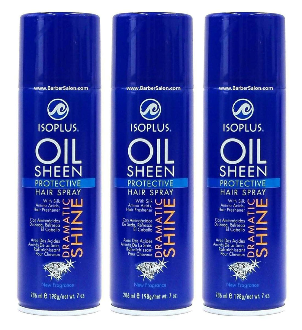 Isoplus Oil Sheen Hairspray label closeup highlighting branding.