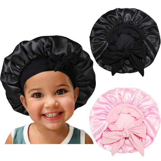 Isshin Beauty kids satin bonnet in black protects hair overnight.