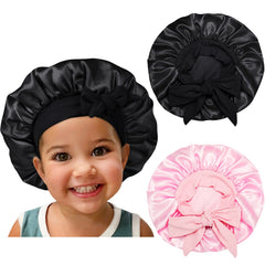 Isshin Beauty kids satin bonnet in black protects hair overnight.