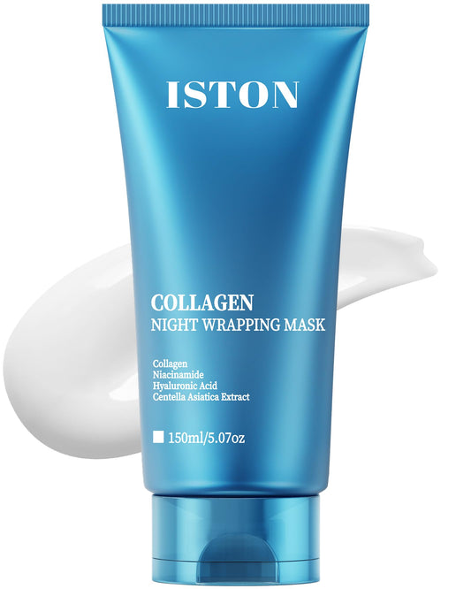 ISTON Collagen Night Wrapping Mask jar close-up showing hydrolyzed collagen for hydration.