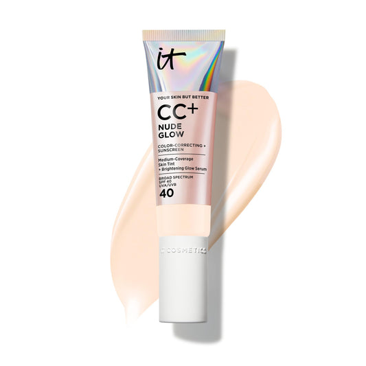 IT Cosmetics CC+ Nude Glow bottle closeup showing light coverage for a natural glow.