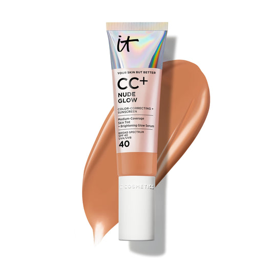 IT Cosmetics CC+ Nude Glow bottle shows a luminous finish for brightened skin