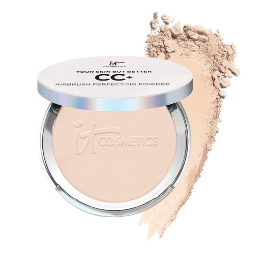 IT Cosmetics CC+ Airbrush Powder compact swatch on skin for even tone and pore blur