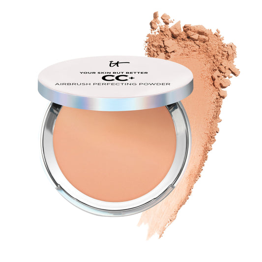 IT Cosmetics CC+ Airbrush Powder packaging highlights talc-free finish for a smooth look.
