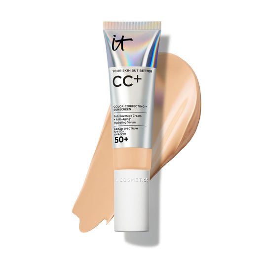 IT Cosmetics CC+ Cream Light Medium Warm bottle shows full coverage foundation with SPF 50+