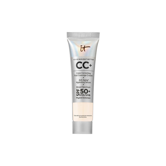 IT Cosmetics CC+ Cream Travel Bottle in Fair Porcelain for all-day coverage.
