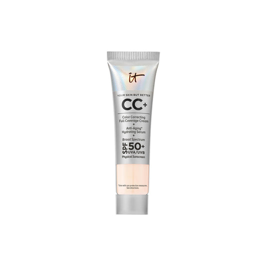 IT Cosmetics CC+ Cream Travel Fair Beige packaging highlights all-in-one formula