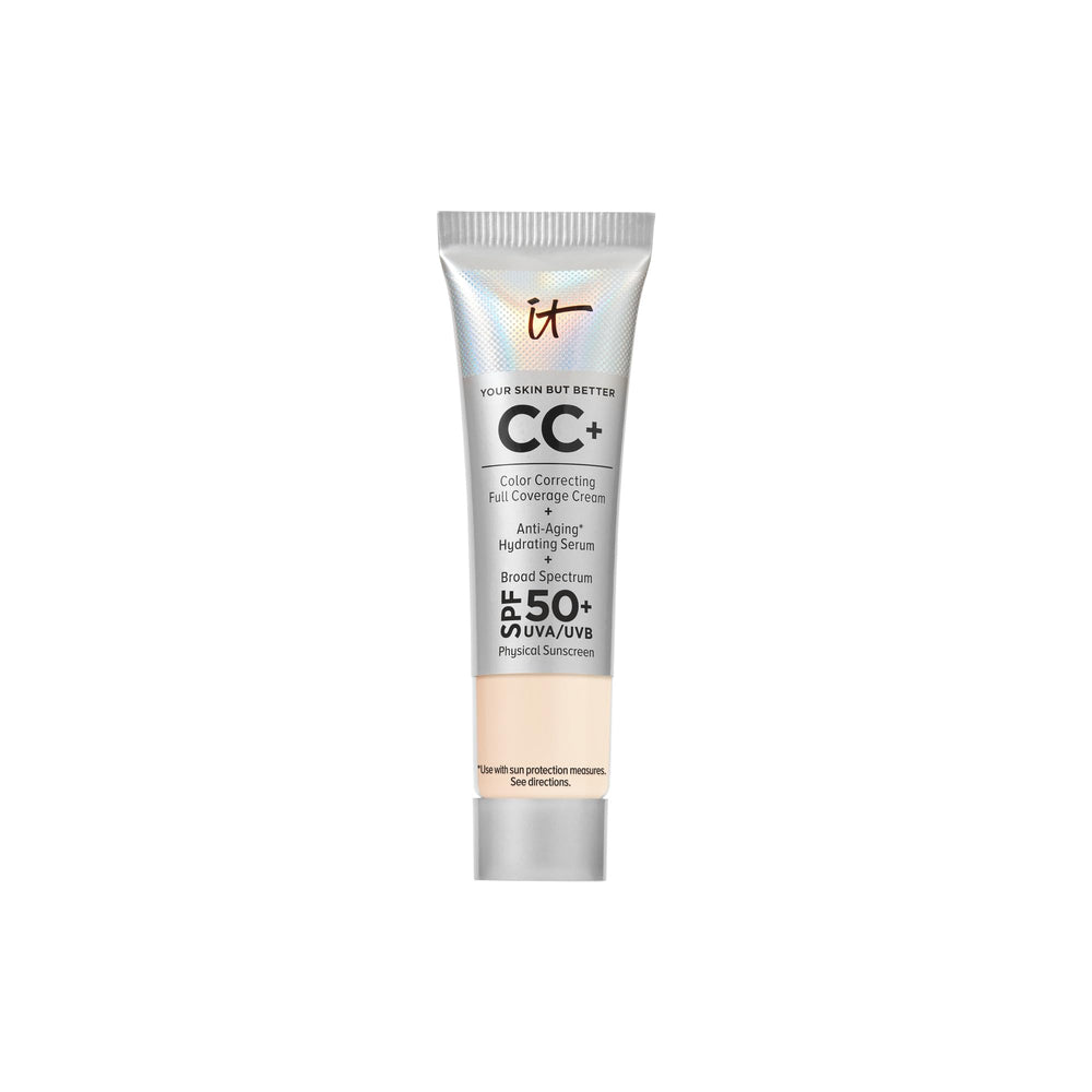 IT Cosmetics CC+ Travel Cream bottle shows SPF 50+ protection for daily sun care.