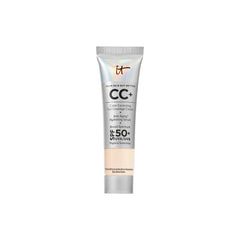 IT Cosmetics CC+ Travel Cream bottle shows SPF 50+ protection for daily sun care.