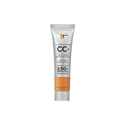 IT Cosmetics CC+ Cream Travel Tan Rich bottle displays SPF 50+ protection and full coverage.