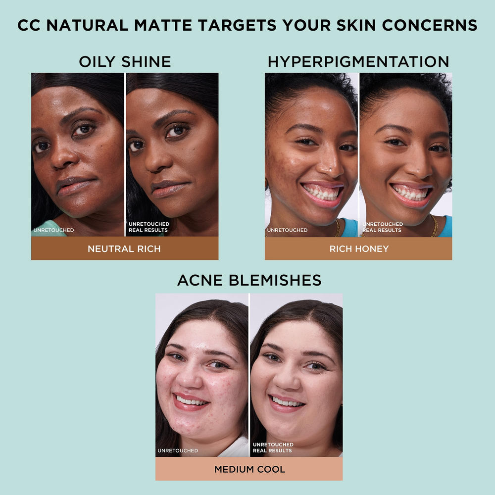IT Cosmetics CC+ Natural Matte on skin half face demonstrates pore blurring and even tone.