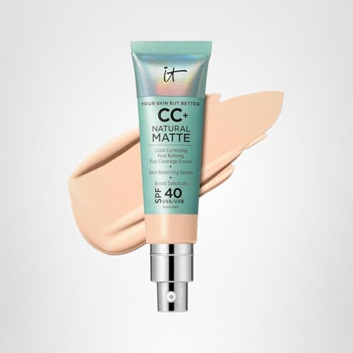 Matte finish on IT Cosmetics CC+ Natural Matte balances skin tone.