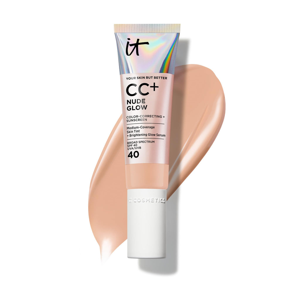 IT Cosmetics CC+ Nude Glow bottle and pump for easy, light coverage with a radiant finish.