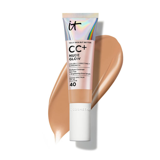 IT Cosmetics CC+ Nude Glow bottle shows a radiant finish with SPF 40