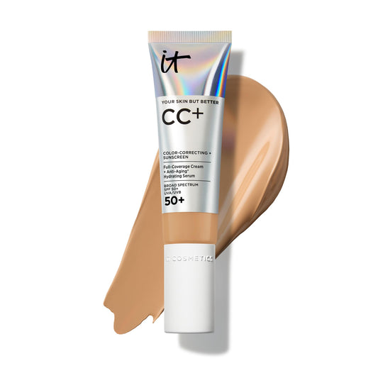 IT Cosmetics CC+ Cream Tan Warm bottle close-up shows full-coverage hydration