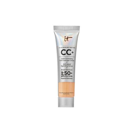 IT Cosmetics CC+ Travel Bottle: portable foundation with SPF 50+ for on-the-go coverage.