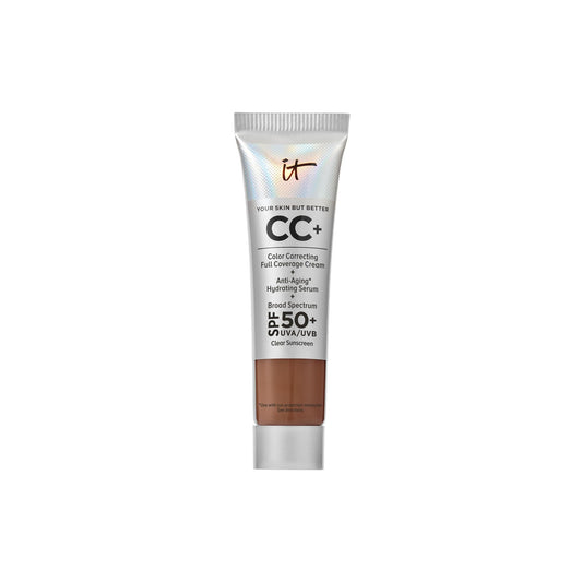 IT Cosmetics CC+ Cream Travel Deep Honey bottle showing full coverage and glow
