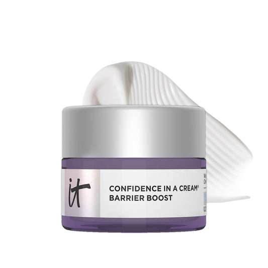 IT Cosmetics Confidence in a Cream Barrier Boost bottle shows fragrance-free hydration for sensitive skin.