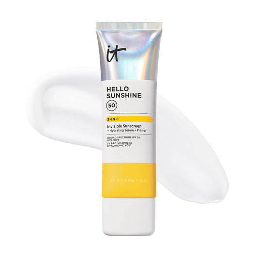 IT Cosmetics Hello Sunshine bottle front view with clear SPF 50 protection.