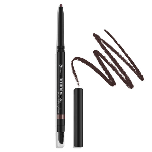 IT Cosmetics Superhero No-Tug Retractable Eyeliner Brown cap on demonstrates tug-free glide for daily definition