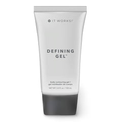 It Works! Defining Gel bottle close-up highlighting hydration and skin tightening.