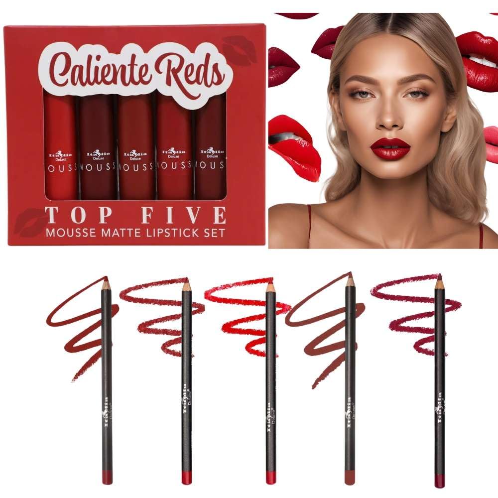 Italia Deluxe Exclusive Lip Kit packaging with mousse lipsticks and ultra-fine liners for easy daily wear.