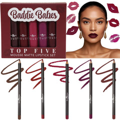 Italia Deluxe Top Five Lip Kit packshot highlighting bold mousse lip colors for all-day wear.