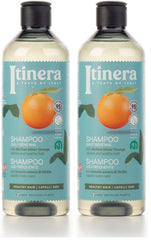 ITÍNERA Itinera Daily Renewal Shampoo bottle shows vegan, natural-origin formula for gentle cleansing.