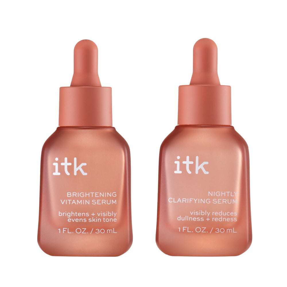 ITK Brightening Vitamin Serum bottle shows lightweight texture and glow