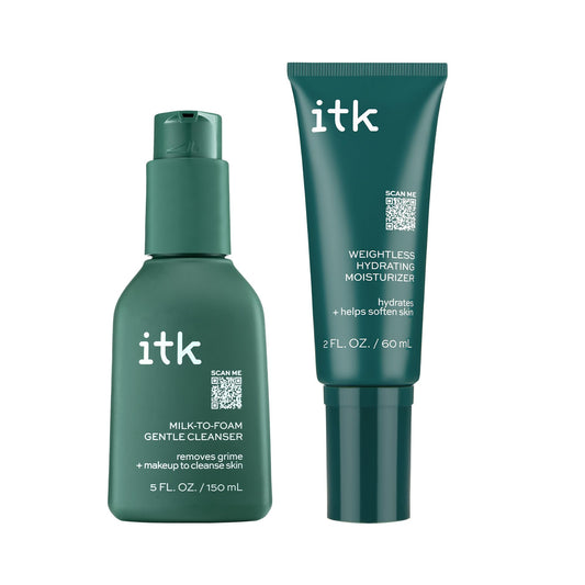 ITK Skincare cleanser bottle shows milk-to-foam texture for gentle cleansing.