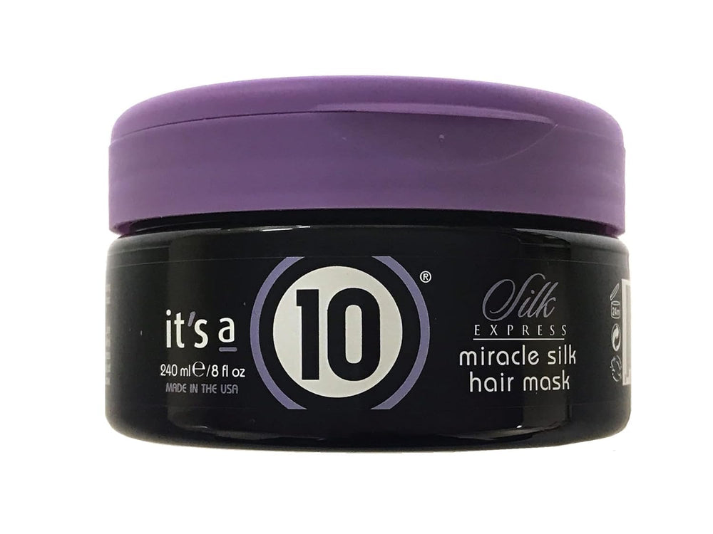 It's 10 Haircare Silk Express Miracle Silk Hair Mask bottle pouring for instant hydration and shine