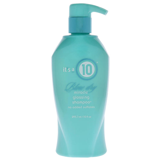 Its a 10 Haircare Blow Dry Miracle Glossing Shampoo bottle highlighting shine and color protection