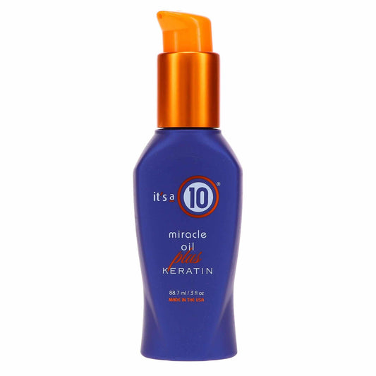 It's a 10 Haircare Miracle Oil Plus Keratin bottle front, signaling heat protection and smoother dry hair.