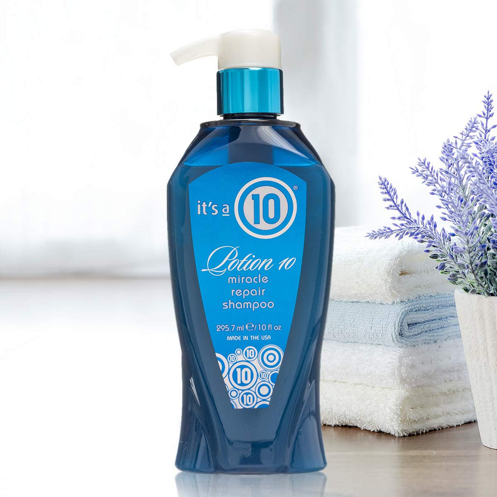It's a 10 Haircare Potion 10 Miracle Repair Shampoo ingredients close-up signals nourishing blend