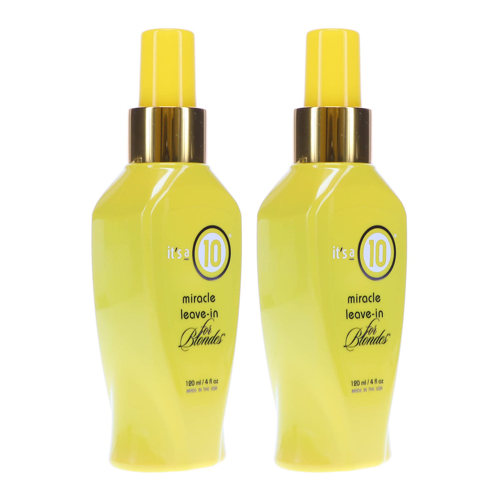 ITS A 10 Miracle Leave-In for Blondes brass-neutralizing effect illustrated.