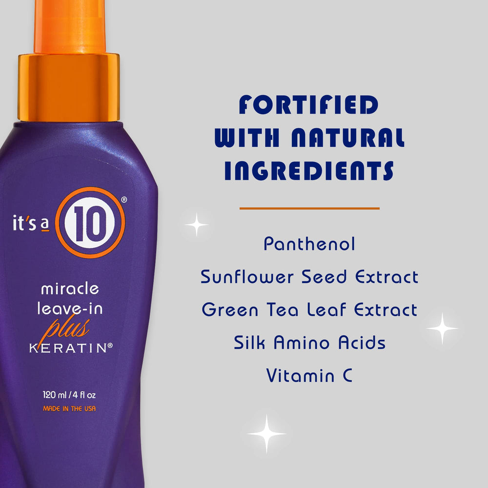 It's a 10 Miracle Leave-In Plus Keratin Spray smooths hair with lightweight conditioning
