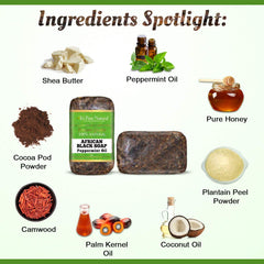 It's Pure Natural African Black Soap ingredients closeup—shea butter, plantain ash, cocoa pods