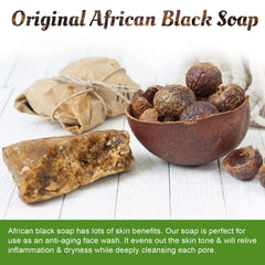 It's Pure Natural African Black Soap texture closeup—unrefined particles for gentle exfoliation