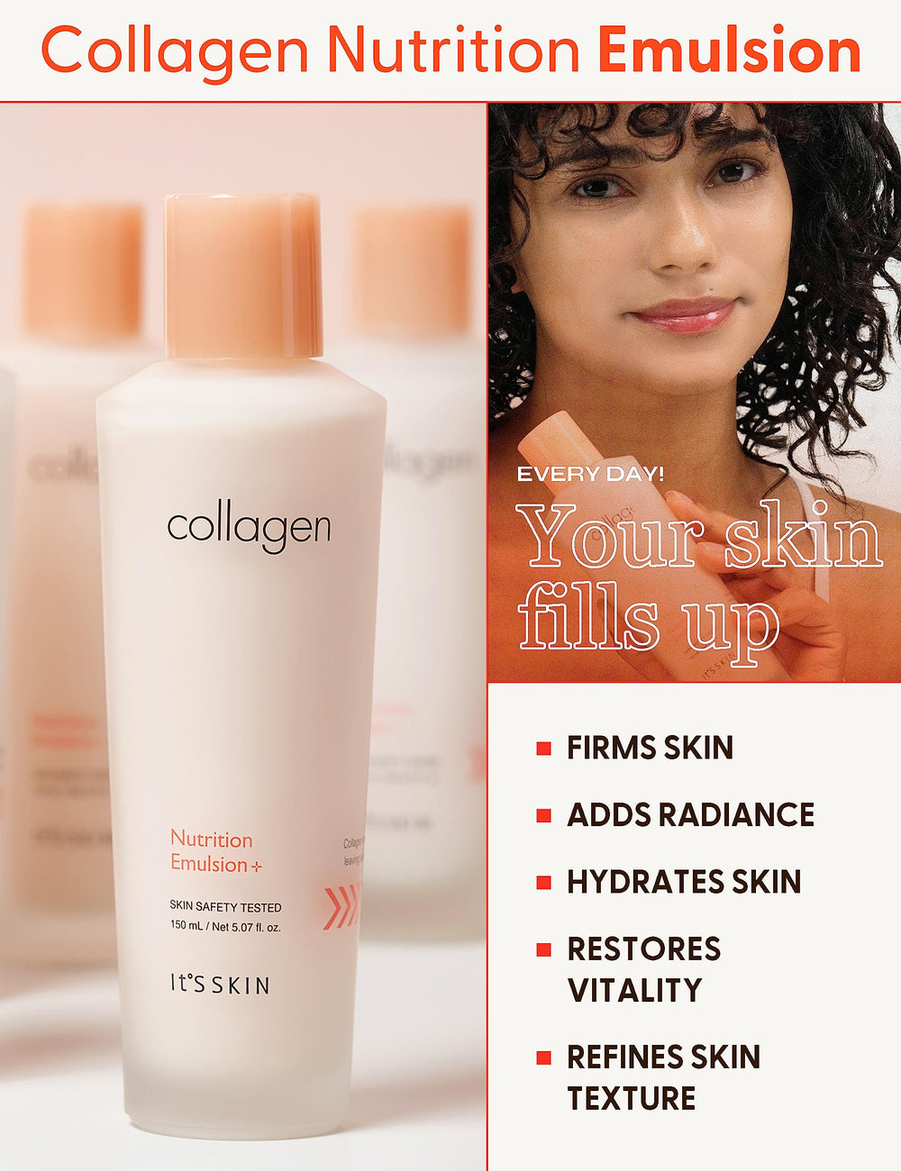 Its Skin Collagen Nutrition Emulsion texture closeup shows creamy, smooth application.