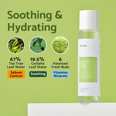 IUNIK Tea Tree Relief Toner being poured onto hand for quick refreshing feel.