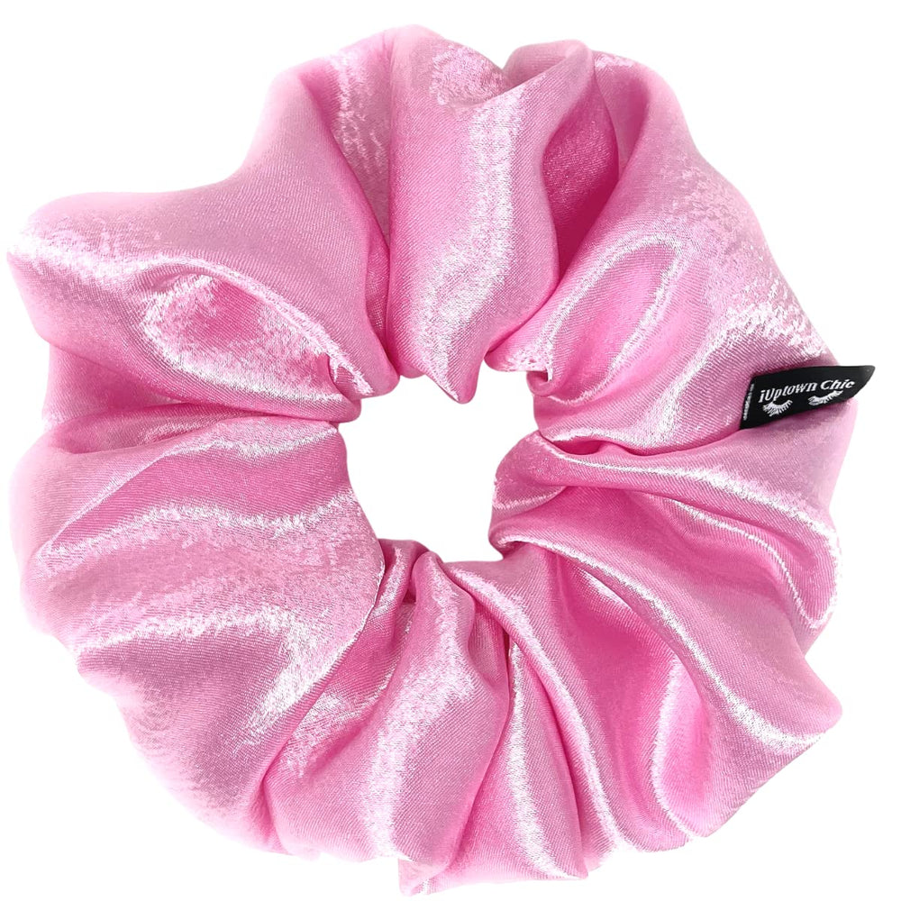 Iuptown Chic jumbo satin scrunchie pink for high ponytails with smooth, frizz-free styling