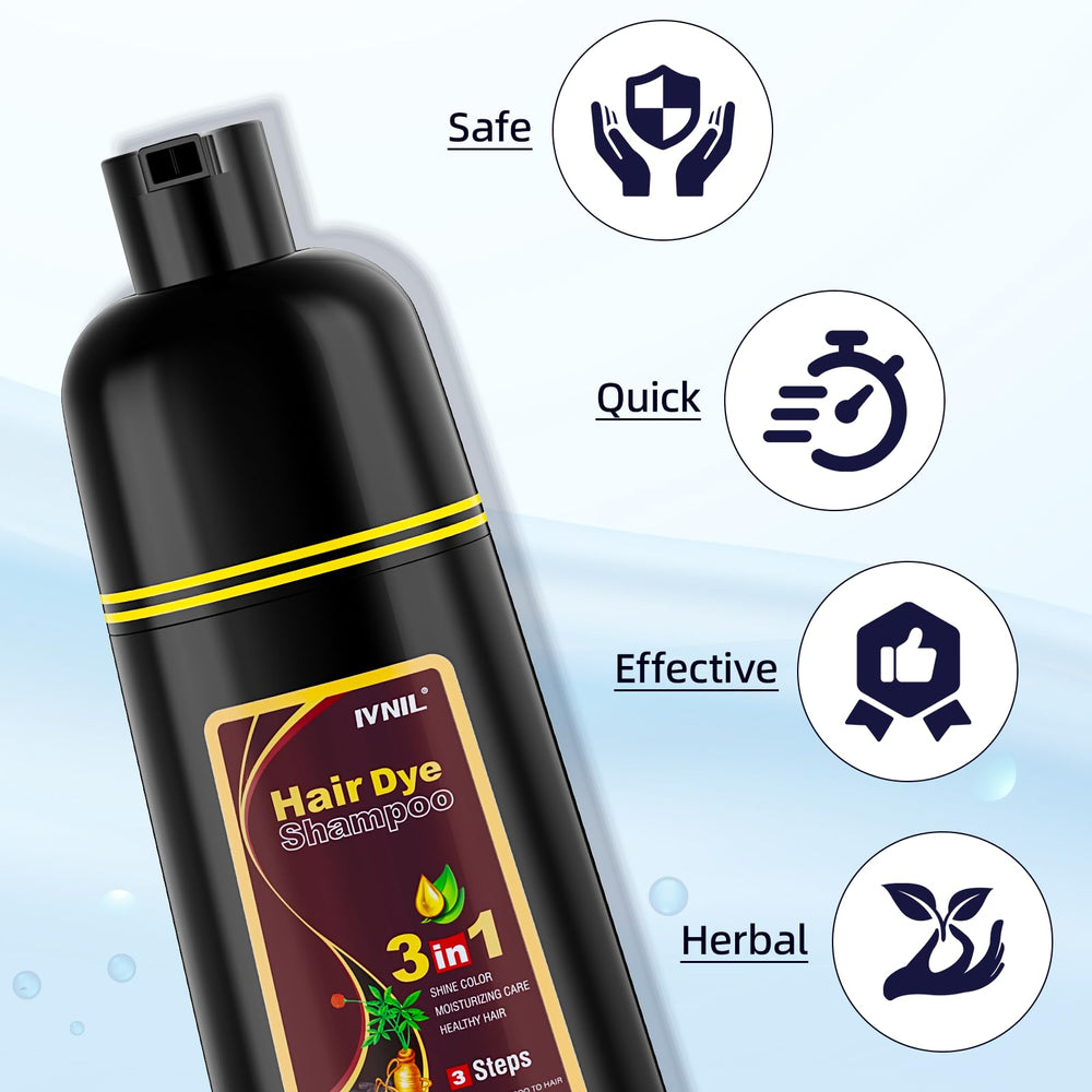 Ivnil Chestnut Brown Hair Dye Shampoo gloves included for mess-free use.