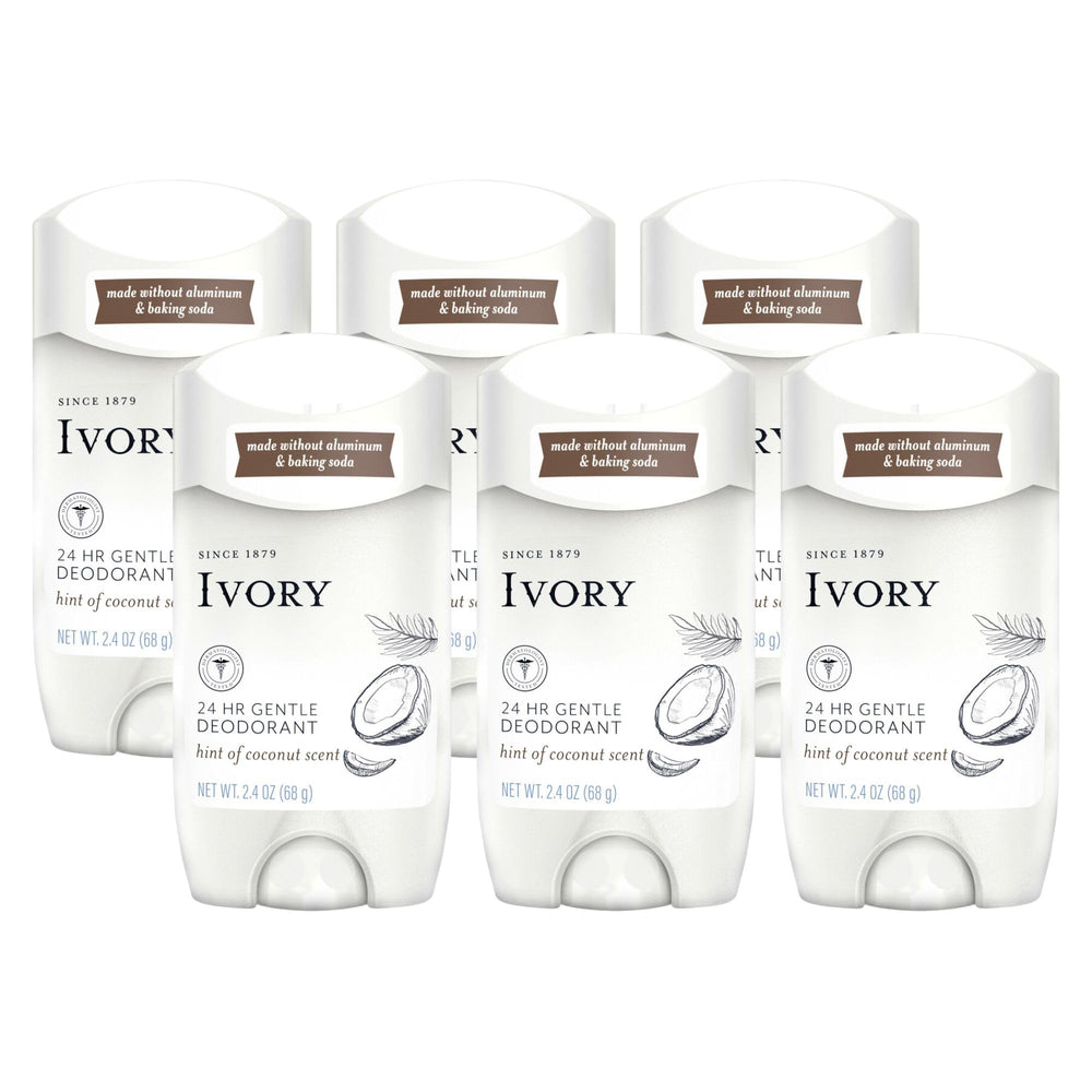 Ivory coconut deodorant six-pack pack shot highlighting aluminum-free formula for daily use