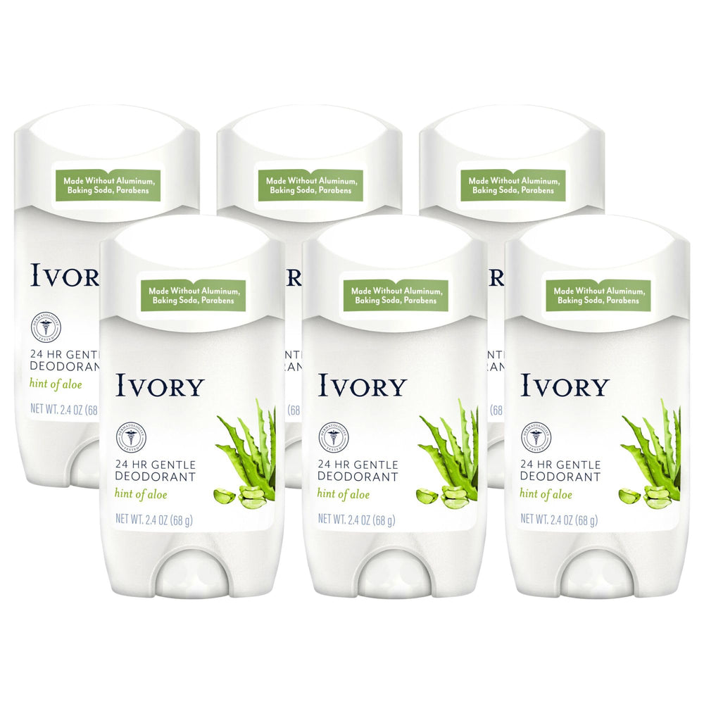 Ivory aluminum-free deodorant with hint of aloe, clean packaging and gentle protection.