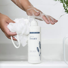 Ivory moisturizing wash being poured from bottle highlighting accessible daily care.