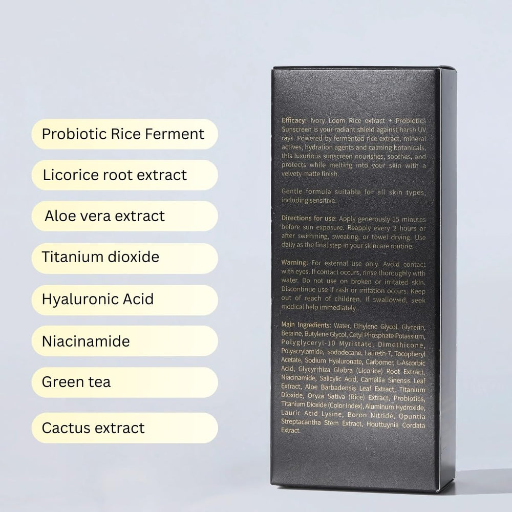 Ivory Loom SPF50 PA++++ bottle close-up highlights quick absorption.