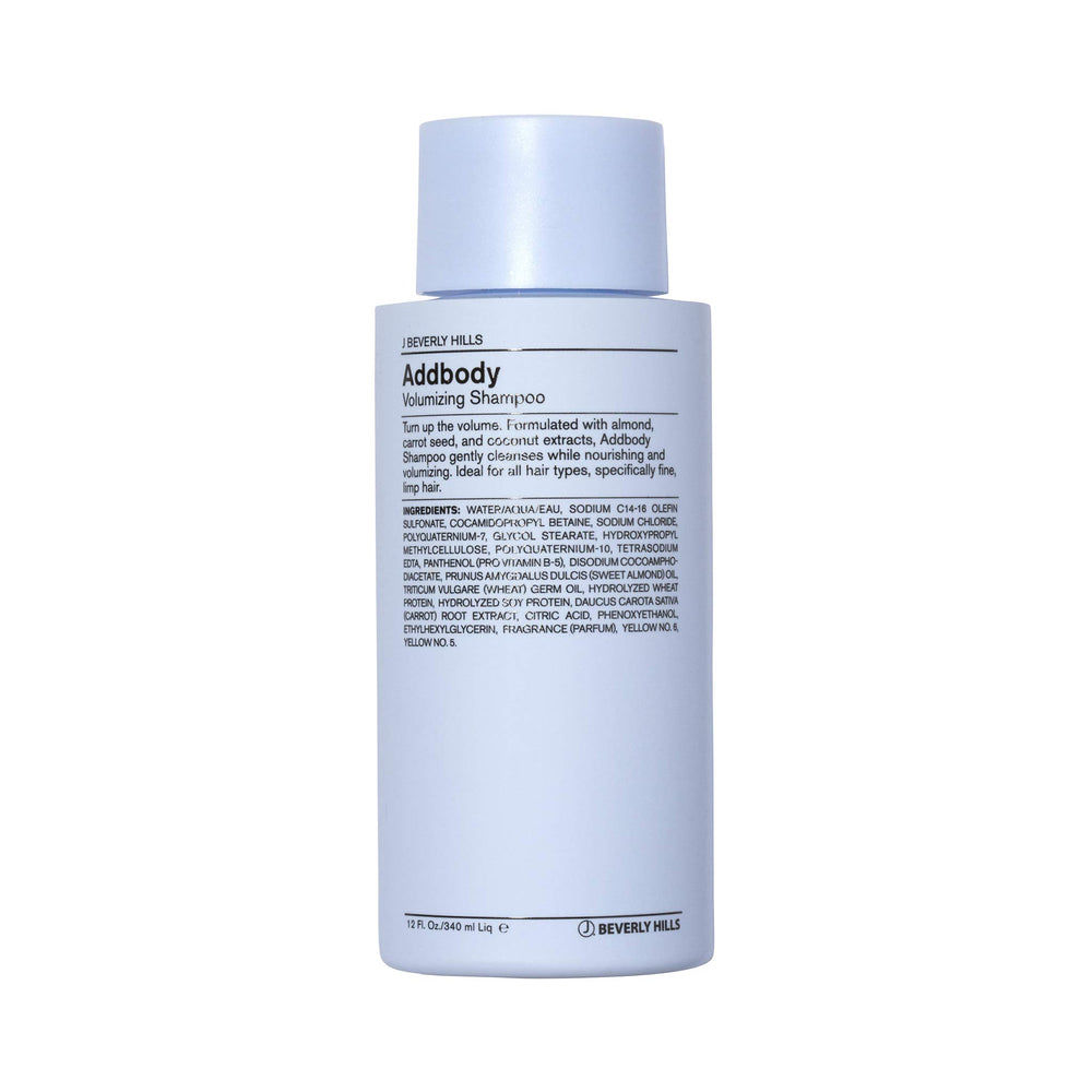 J Beverly Hills Blue Addbody Shampoo bottle highlighting volumizing formula.